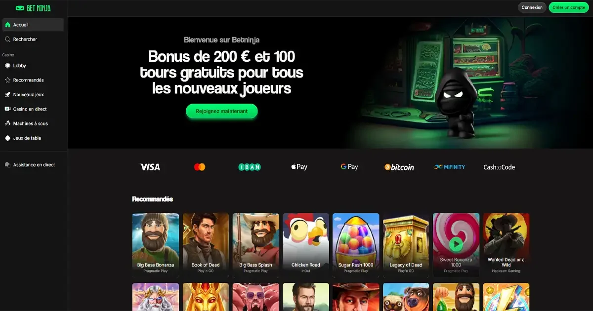 Page d'au Bet Ninja avec bonus de bienvenue 200 &euro; et 100 tours gratuits, mascotte ninja et machines &agrave; sous"