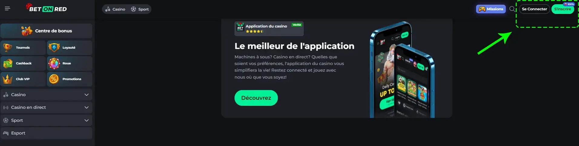 Inscription sur le casino en ligne Betonred
