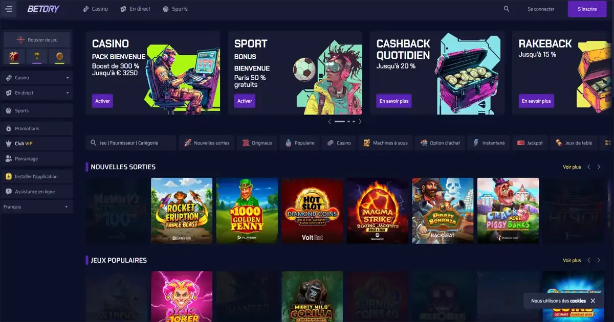 Page d'accueil du casino Betory avec bonus de bienvenue, cashback quotidien et s&eacute;lection de machines &agrave; sous en ligne