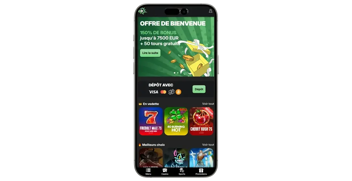 Vue de l&rsquo;interface mobile de BetBlast Casino avec bonus de bienvenue jusqu&rsquo;&agrave; 7 500 &euro; et jeux en vedette accessibles sur smartphone