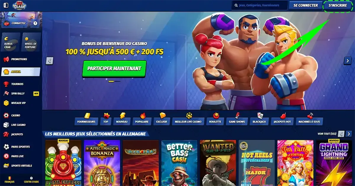 Bouton d'inscription sur le casino en ligne Big Clash