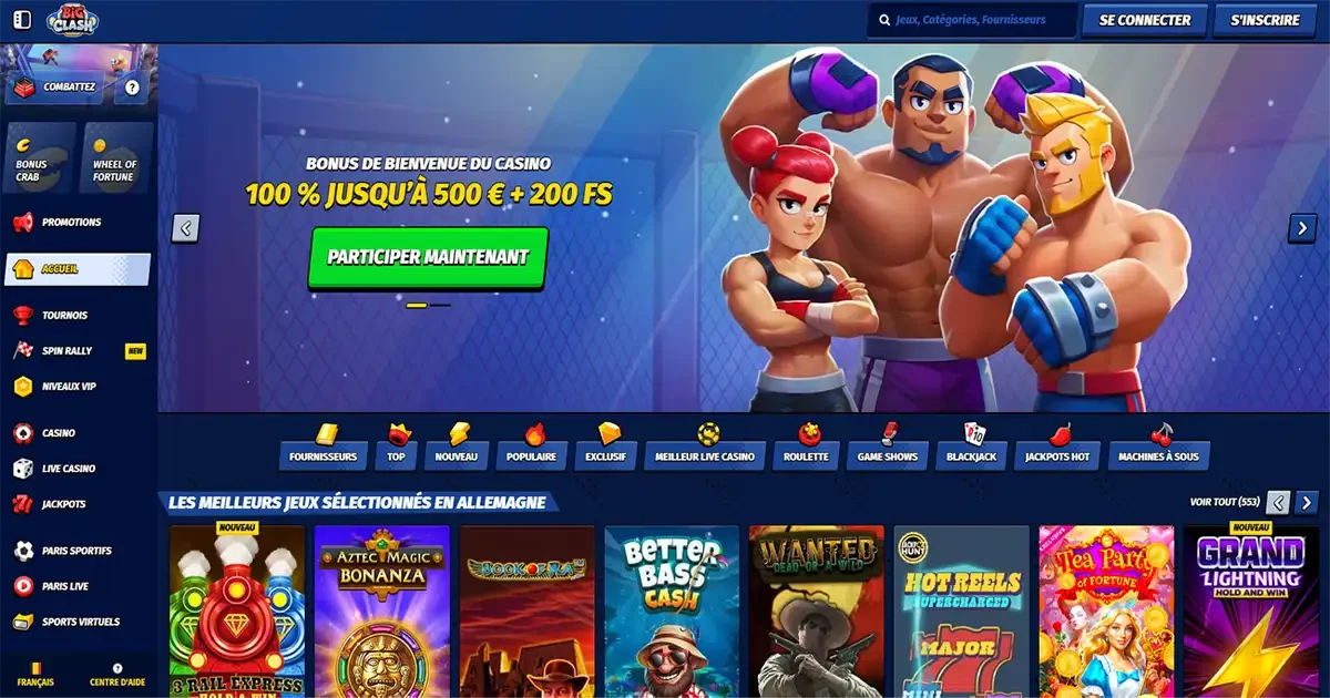 page d'accueil de Big Clash Casino bonus de bienvenue 100% jusqu&rsquo;&agrave; 500&euro; + 200 free spins avec combattants style cartoon en arri&egrave;re-plan