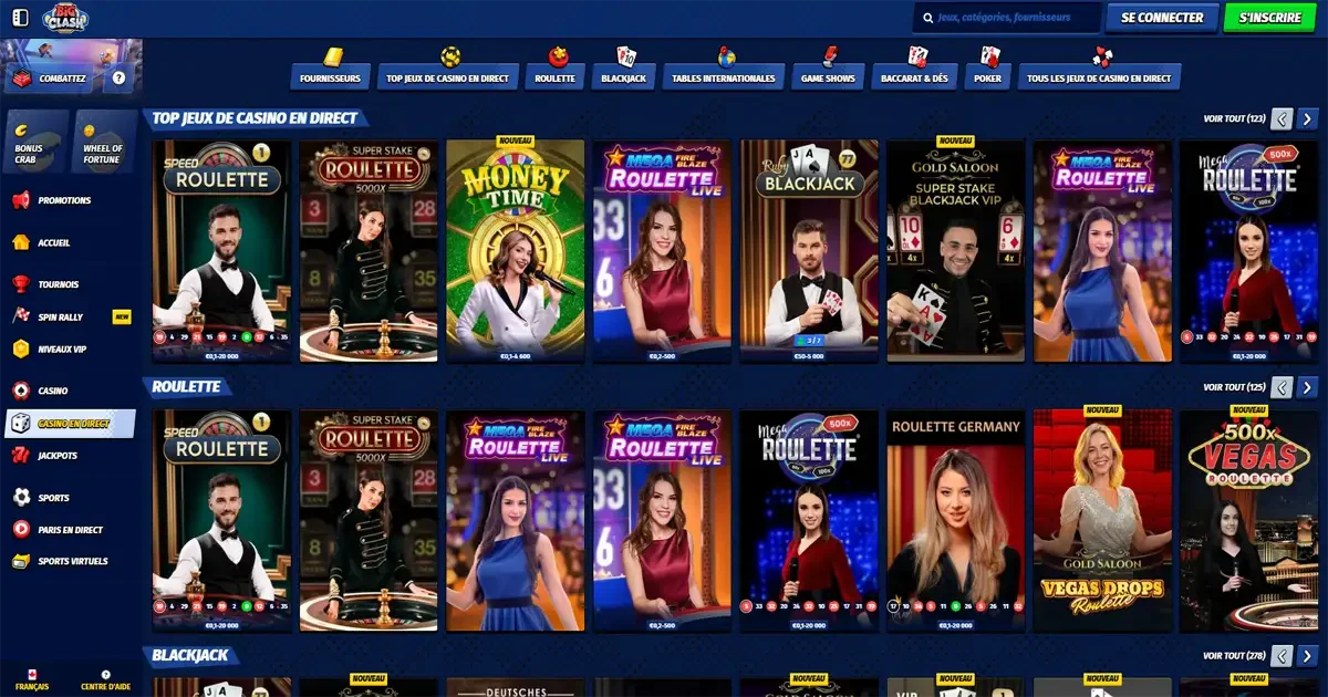 Section casino en direct Big Clash avec jeux live roulette, blackjack et tables avec croupiers en direct