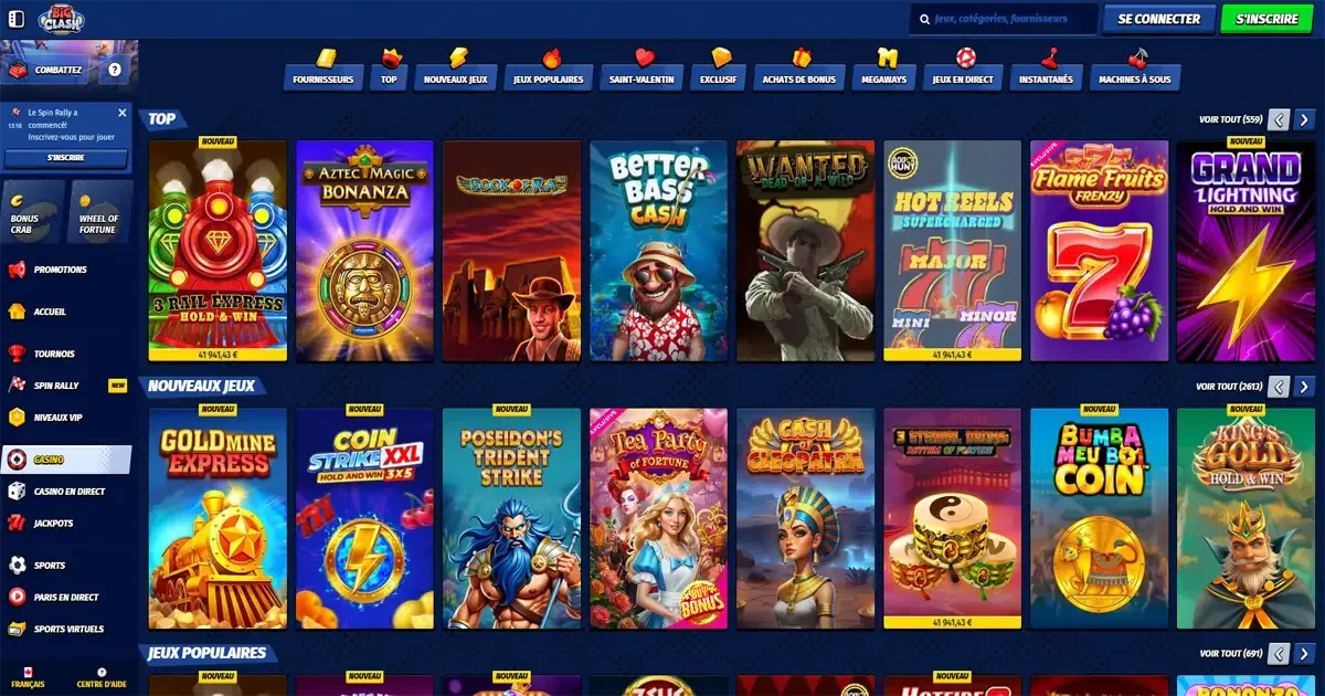 Lobby Big Clash Casino avec s&eacute;lection de machines &agrave; sous populaires et nouveaux jeux en ligne