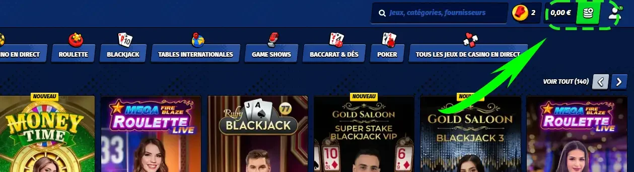 Interface du casino en ligne Big Clash affichant le solde du compte joueur et l&rsquo;acc&egrave;s aux jeux en direct
