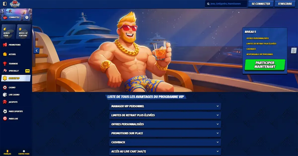 Big Clash Casino programme VIP niveau 5 avec manager personnel, cashback et limites de retrait plus &eacute;lev&eacute;es