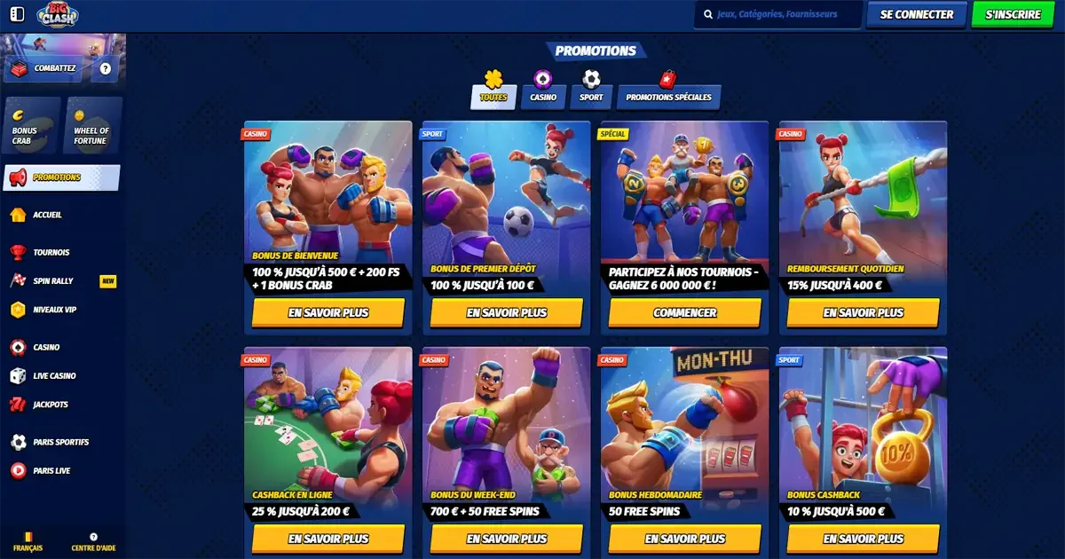 Page promotions Big Clash Casino avec bonus de bienvenue, tournois, cashback et offres sp&eacute;ciales sport et casino