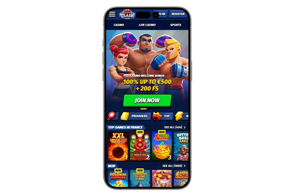 Big Clash Casino version mobile avec bonus de bienvenue 100% jusqu&rsquo;&agrave; 500&euro; + 200 free spins et bouton Join Now