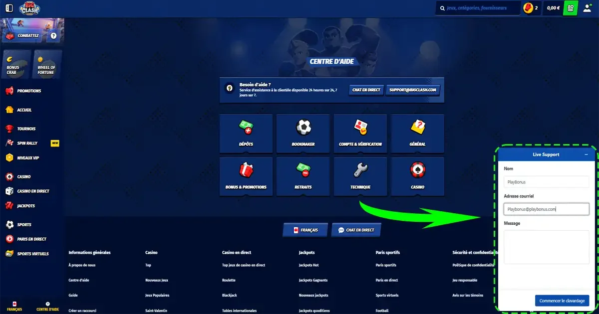 Centre d&rsquo;aide Big Clash avec service client 24/7, chat en direct et assistance pour d&eacute;p&ocirc;ts et retraits