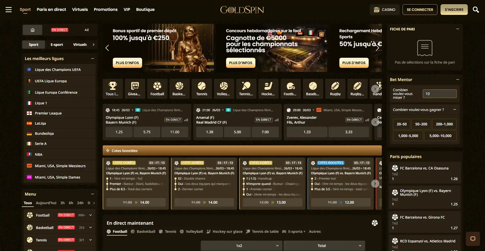 Page des paris sportifs du casino en ligne Goldspin