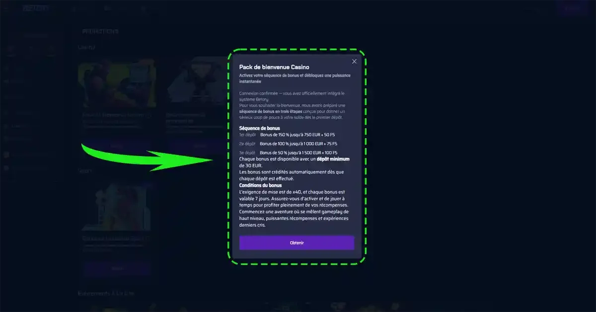Pack de bienvenue casino sur le casino betory