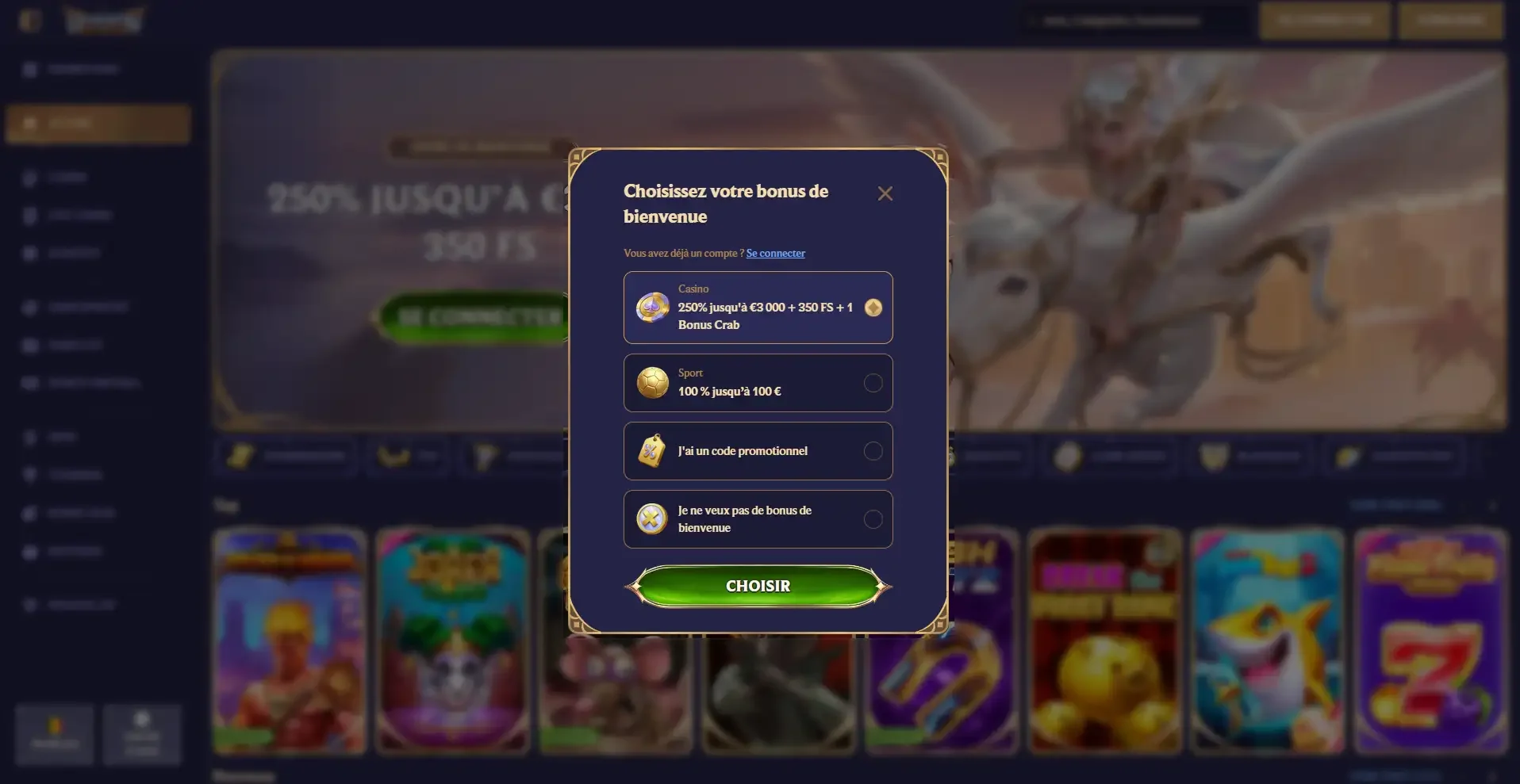 Choix du bonus avant inscription Divaspin casino en ligne