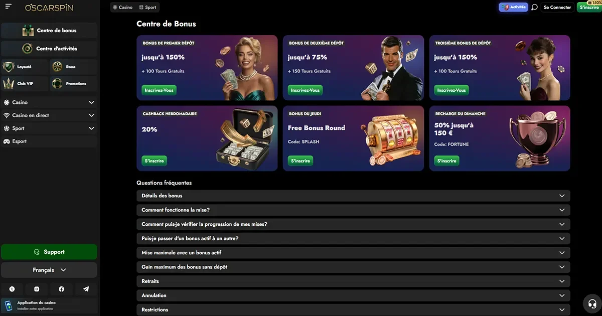 Page des bonus du casino OscarSpin : jusqu&rsquo;&agrave; 150 % sur d&eacute;p&ocirc;t, cashback 20 %, bonus du jeudi et tours gratuits