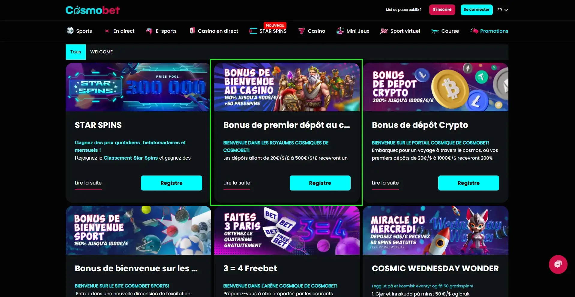 Aper&ccedil;u des bonus Cosmobet avec offres de bienvenue, bonus crypto, freebets et Star Spins
