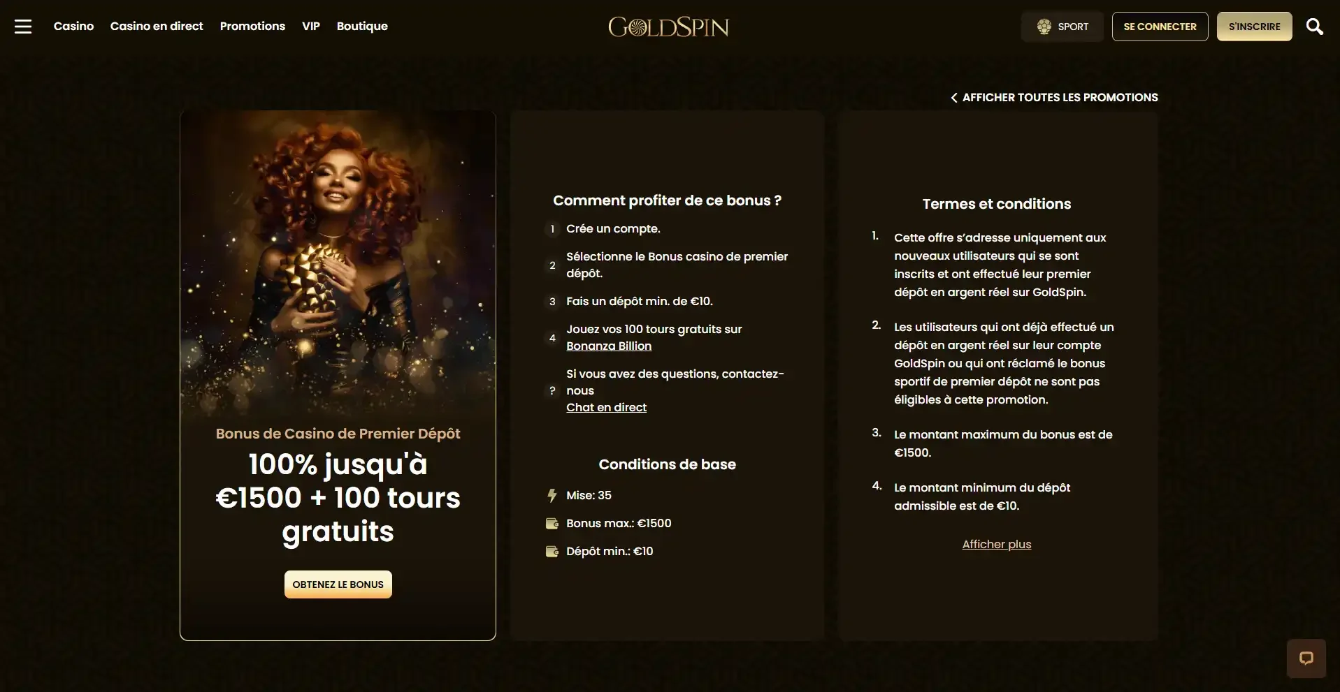 Bonus de bienvenue du casino Goldspin