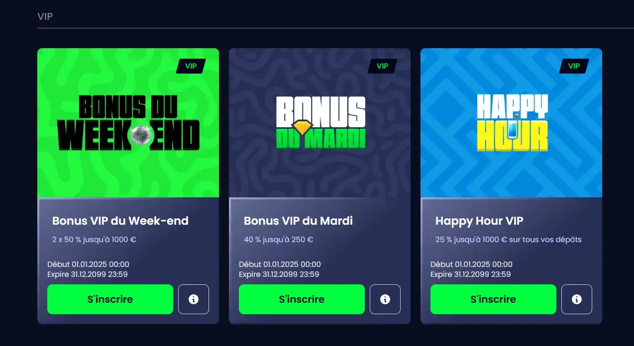 Offres bonus VIP Pampago : bonus du mardi 30 %, Happy Hour vendredi 25 %, et bonus week-end 50 % jusqu&rsquo;&agrave; 1000 &euro;