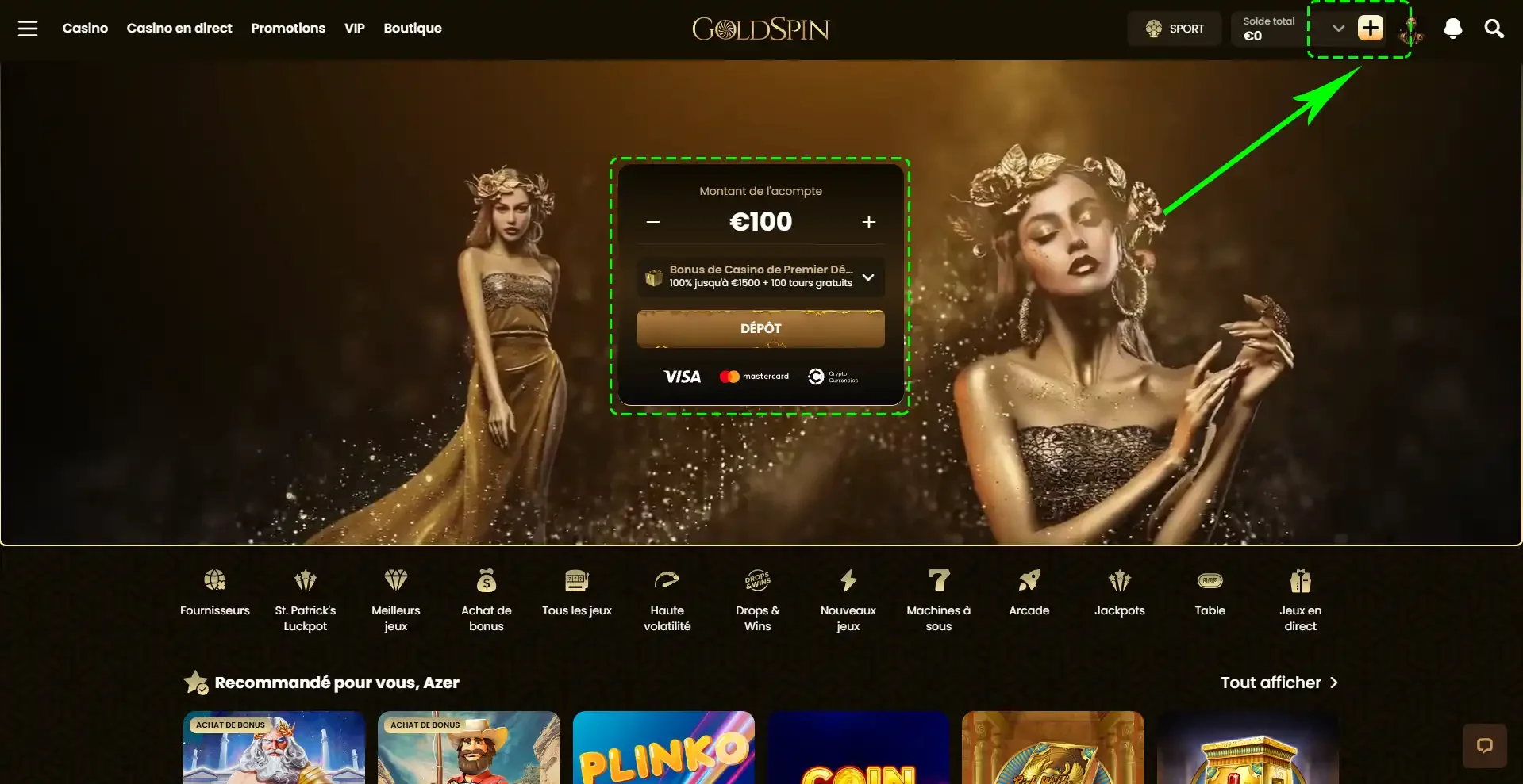 Bouton de d&eacute;p&ocirc;t sur le casino en ligne Goldspin