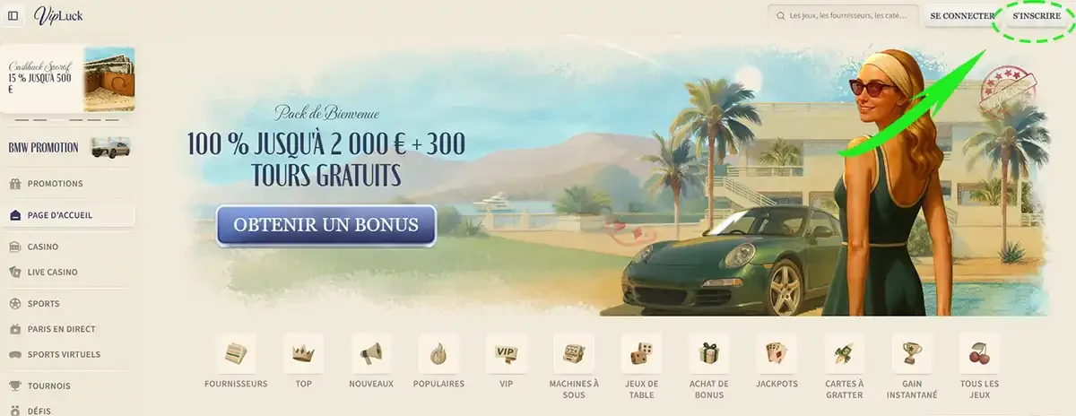 Bouton d'inscription sur le casino vipluck