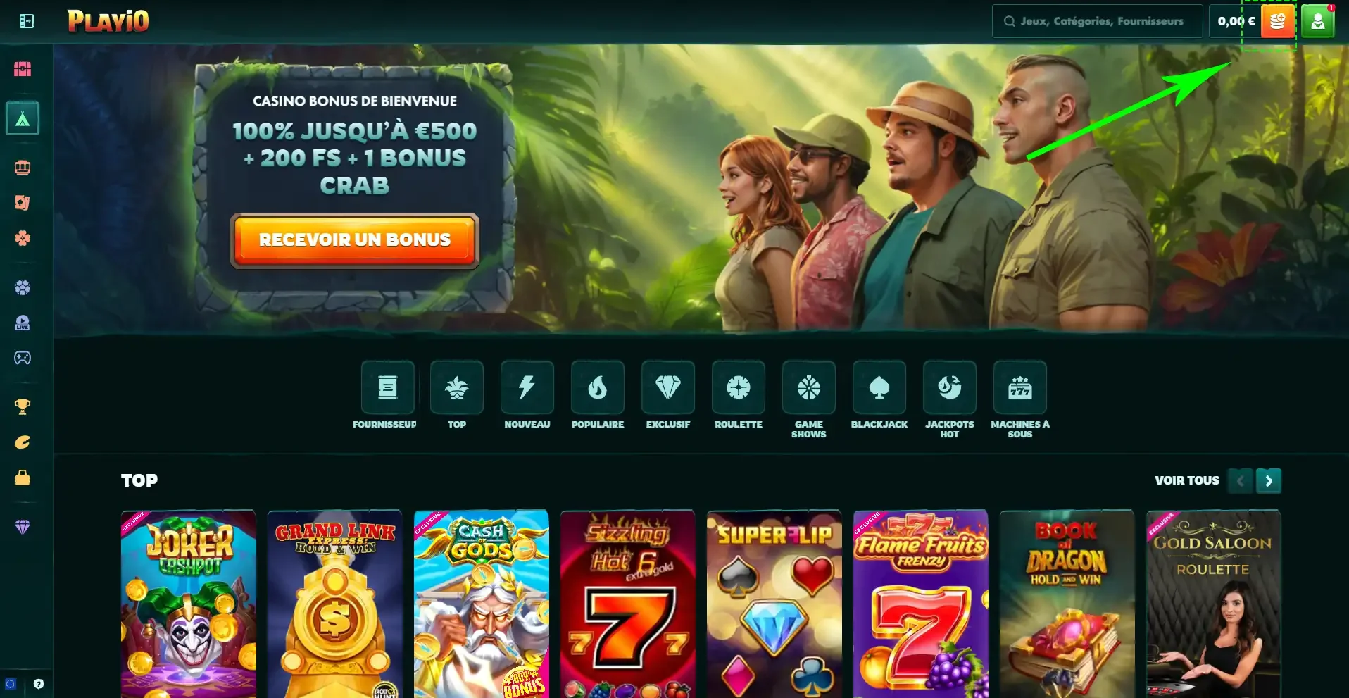Bouton pour d&eacute;poser de l'argent sur Playio casino
