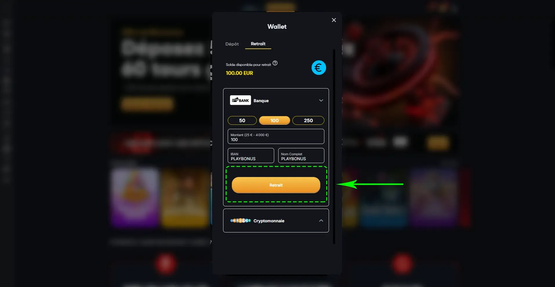 Bouton retrait sur le casino en ligne Instant Casino
