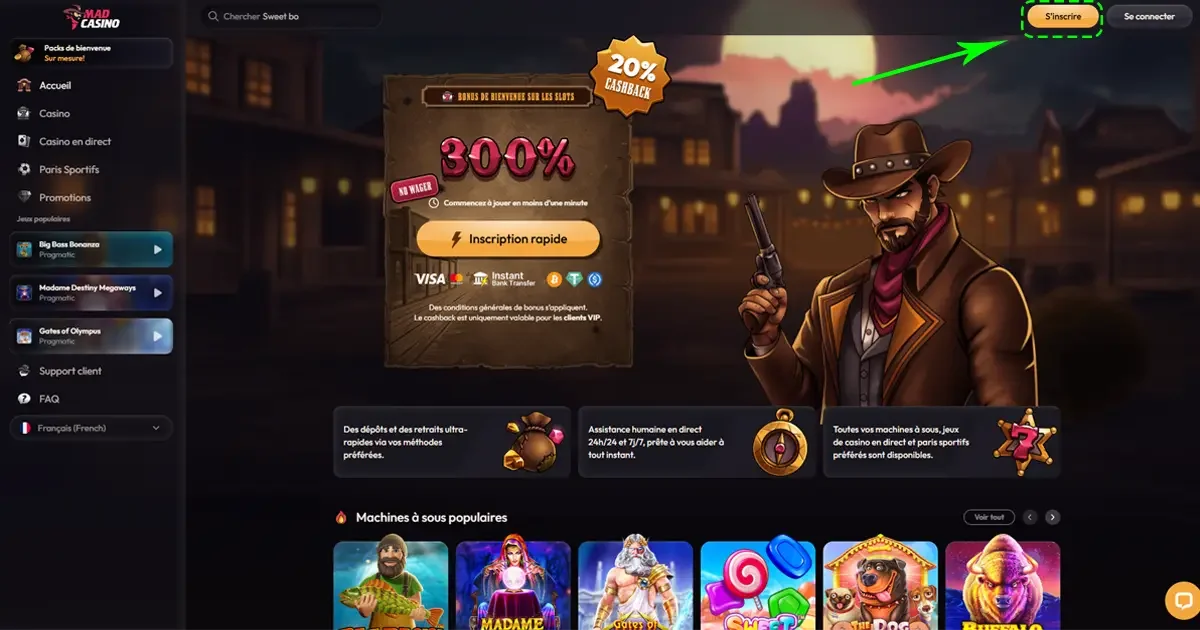 Page d'accueil avec fl&egrave;che indiquant le bouton d'inscription du casino mad