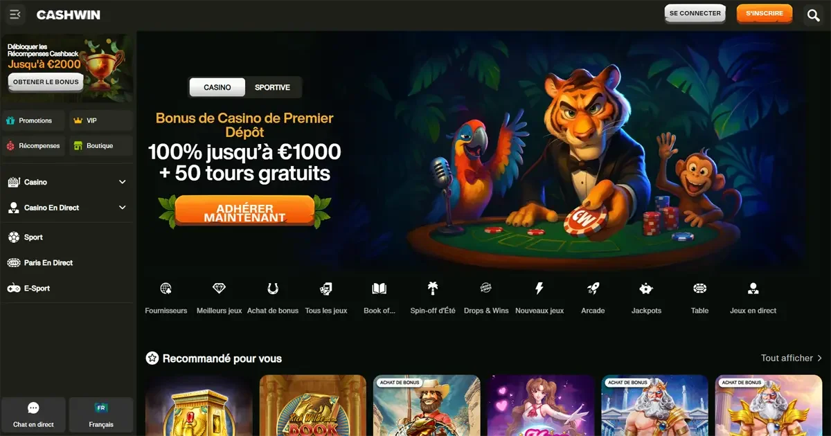 Page d'accueil de Cashwin Casino avec bonus de bienvenue jusqu'&agrave; 1000 &euro; et 50 tours gratuits
