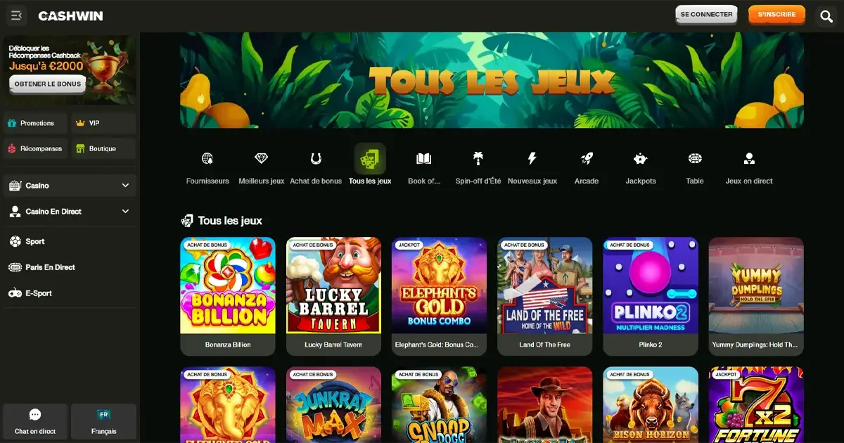Aper&ccedil;u de la section Tous les jeux sur Cashwin avec les machines &agrave; sous populaires comme Bonanza Billion et Elephant's Gold