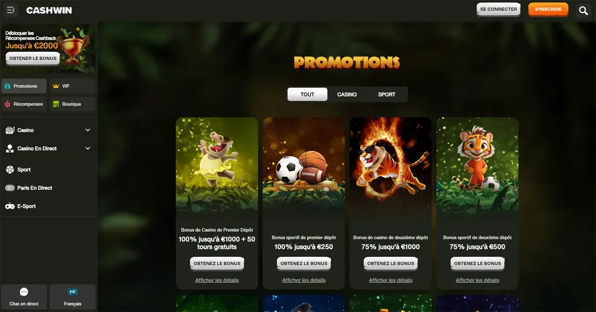 Aper&ccedil;u des promotions Cashwin avec bonus de d&eacute;p&ocirc;t jusqu'&agrave; 1000 &euro; et free spins