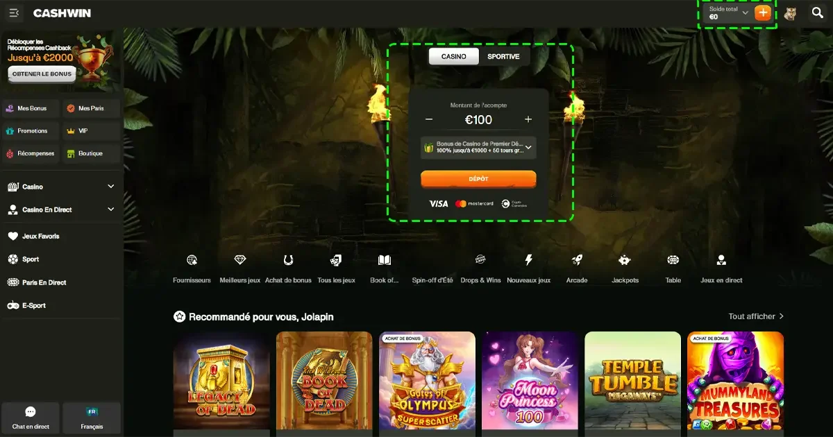 Interface de d&eacute;p&ocirc;t sur Cashwin avec bonus de bienvenue de 100 % jusqu&rsquo;&agrave; 1000 &euro; et 50 tours gratuits