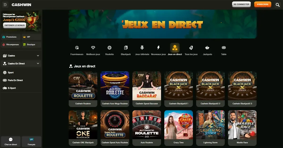 Aper&ccedil;u des jeux en direct sur Cashwin avec roulette, blackjack et baccarat en live