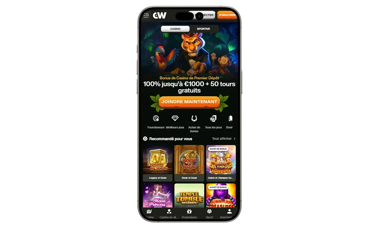 Vue mobile de l&rsquo;interface Cashwin avec bonus de d&eacute;p&ocirc;t jusqu&rsquo;&agrave; 1000 &euro; et 50 tours gratuits