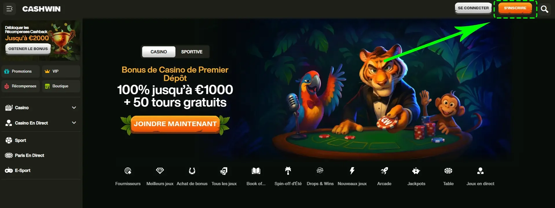 Bouton d'inscription sur Cashwin avec offre de bienvenue jusqu'&agrave; 1000 &euro; et 50 tours gratuits