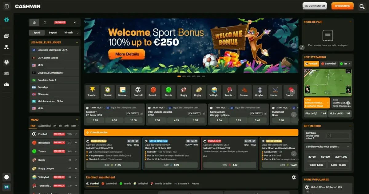 Interface de paris sportifs en direct sur Cashwin avec bonus de bienvenue jusqu'&agrave; 250 &euro;