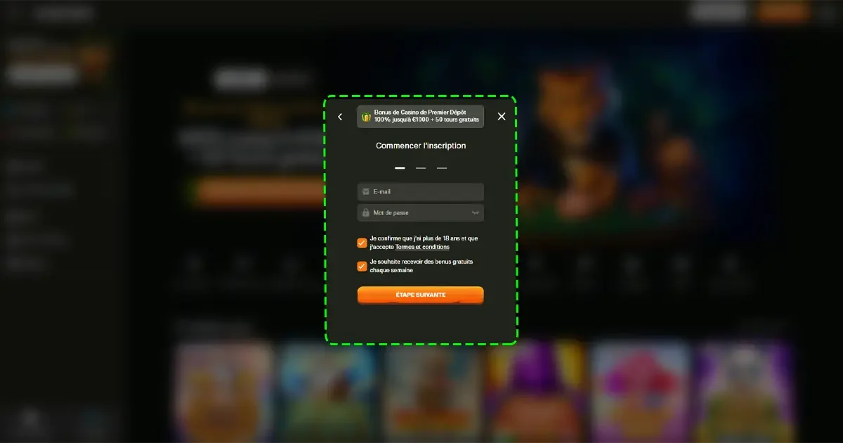 Premi&egrave;re &eacute;tape d'inscription sur Cashwin avec saisie de l'e-mail et mot de passe pour activer le bonus de bienvenue