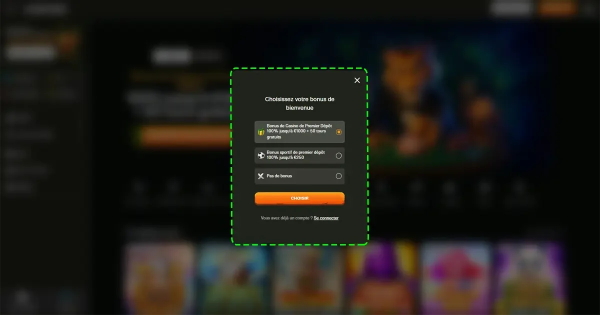 Fen&ecirc;tre de s&eacute;lection du bonus de bienvenue sur Cashwin avec options casino, sport ou aucun bonus