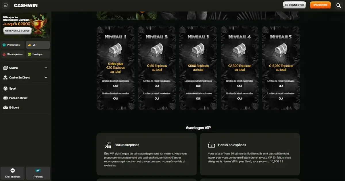Programme VIP de Cashwin avec 5 niveaux et des r&eacute;compenses en esp&egrave;ces jusqu'&agrave; 18 250 &euro;
