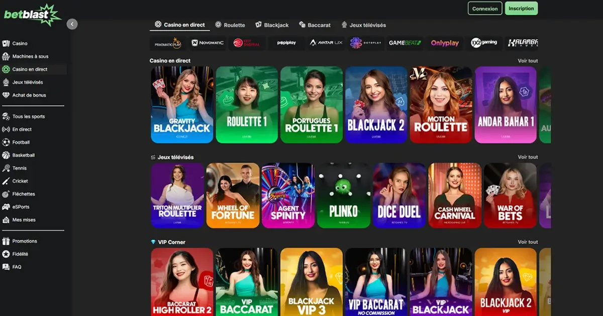 Jeux de casino en direct sur BetBlast : blackjack, roulette, jeux t&eacute;l&eacute;vis&eacute;s comme Plinko, Dice Duel et Wheel of Fortune avec croupiers en direct