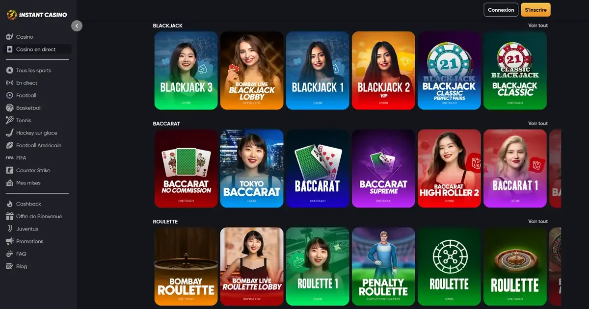 Jeux de casino en direct sur Instant Casino avec tables de Blackjack, Baccarat et Roulette anim&eacute;es par croupiers en live