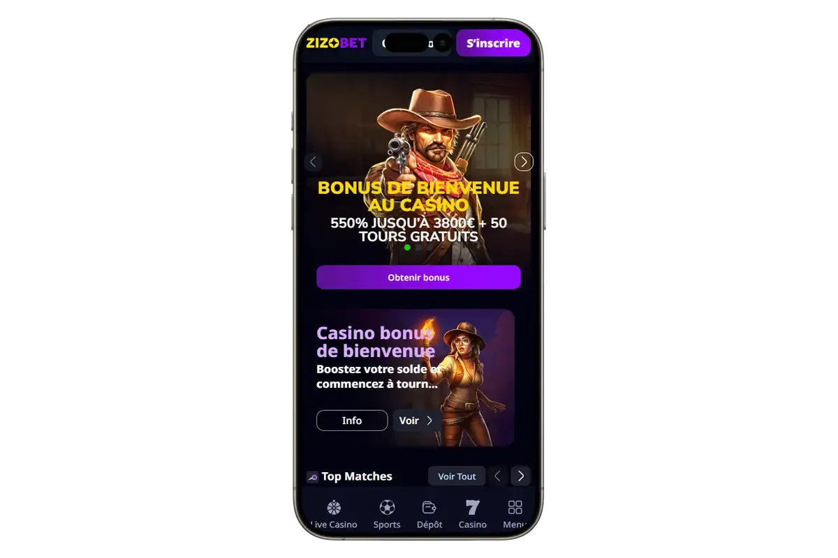 Casino en ligne mobile Zizobet &ndash; bonus de bienvenue 550% jusqu&rsquo;&agrave; 3800&euro; et 50 tours gratuits sur smartphone