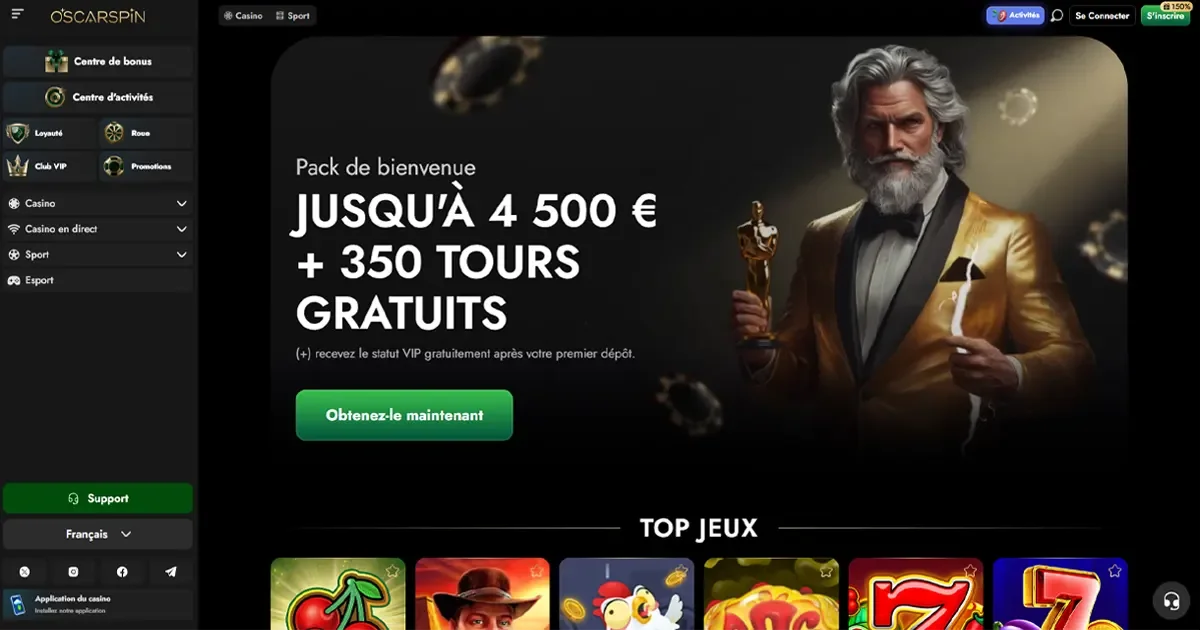 Page d&rsquo;accueil du casino en ligne OscarSpin avec bonus de bienvenue jusqu&rsquo;&agrave; 4 500 &euro; et 350 tours gratuits