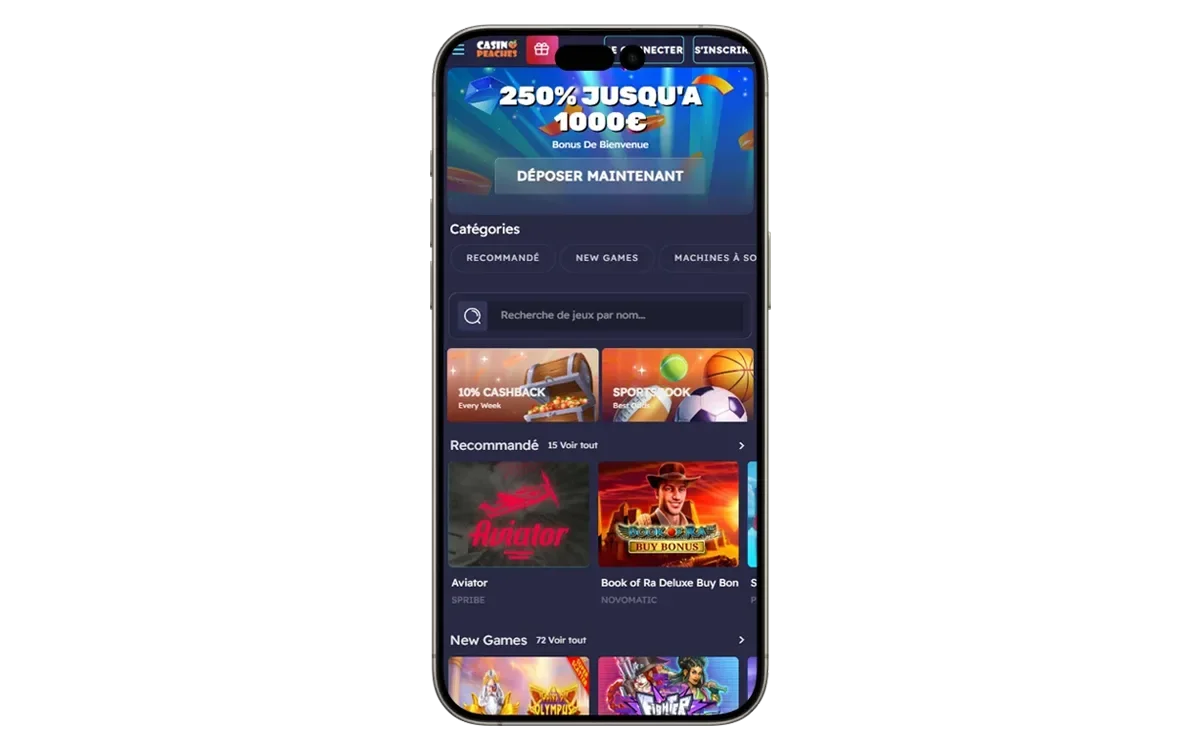 Affichage mobile de la page d'accueil de Casino Peaches avec bonus de bienvenue et jeux recommand&eacute;s