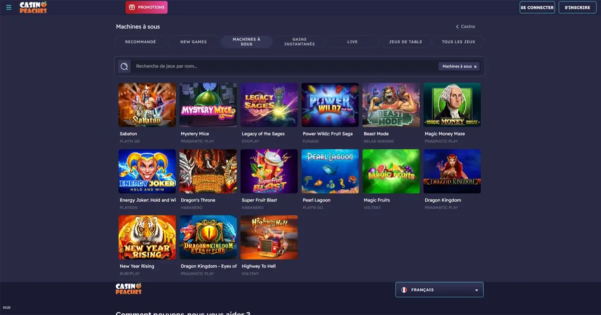 S&eacute;lection de machines &agrave; sous populaires sur le casino en ligne Casino Peaches