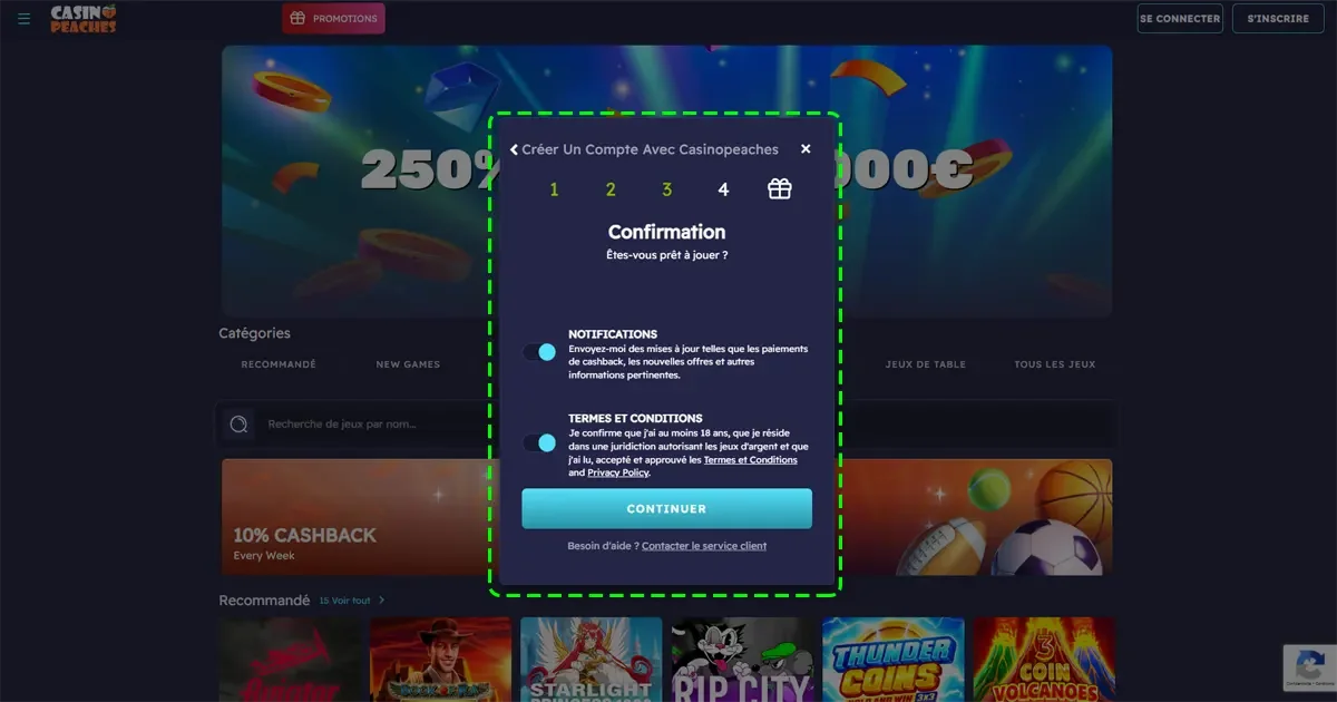 &Eacute;tape de confirmation finale pour cr&eacute;er un compte sur Casino Peaches avec validation des conditions g&eacute;n&eacute;rales