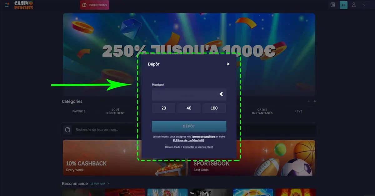 Fen&ecirc;tre de d&eacute;p&ocirc;t sur Casino Peaches affichant les montants disponibles et le bonus de bienvenue