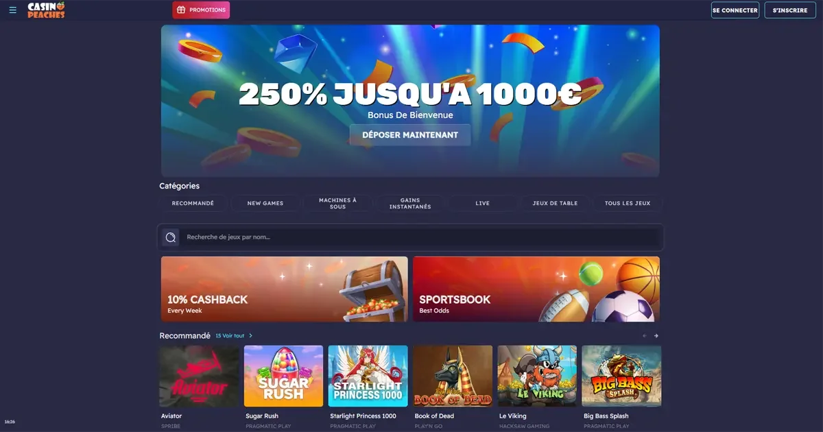 Page d&rsquo;accueil du site Casino Peaches avec bonus de 250% jusqu&rsquo;&agrave; 1000&euro; et jeux en ligne