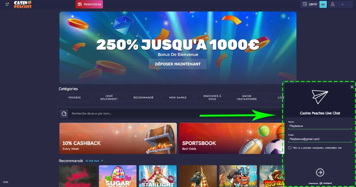 Fen&ecirc;tre de chat en direct sur Casino Peaches avec formulaire de contact utilisateur