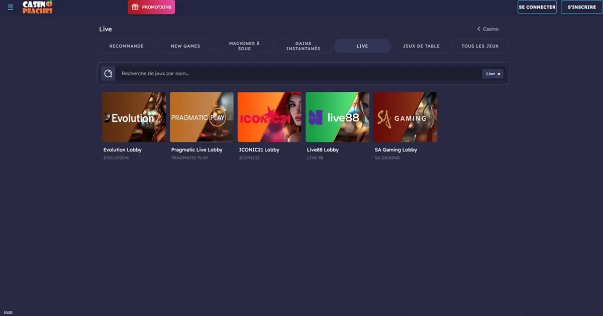 Jeux de casino en direct disponibles sur Casino Peaches, avec les fournisseurs Evolution, Pragmatic Play, Live88, SA Gaming et ICONIC21