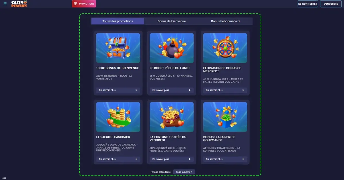 Aper&ccedil;u des promotions et bonus hebdomadaires du casino en ligne Casino Peaches