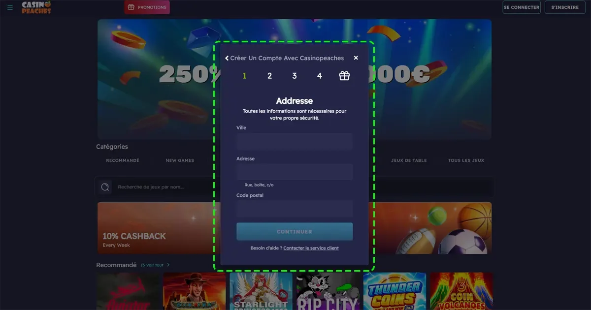 Formulaire d'adresse pour la cr&eacute;ation d&rsquo;un compte sur Casino Peaches avec saisie ville et code postal