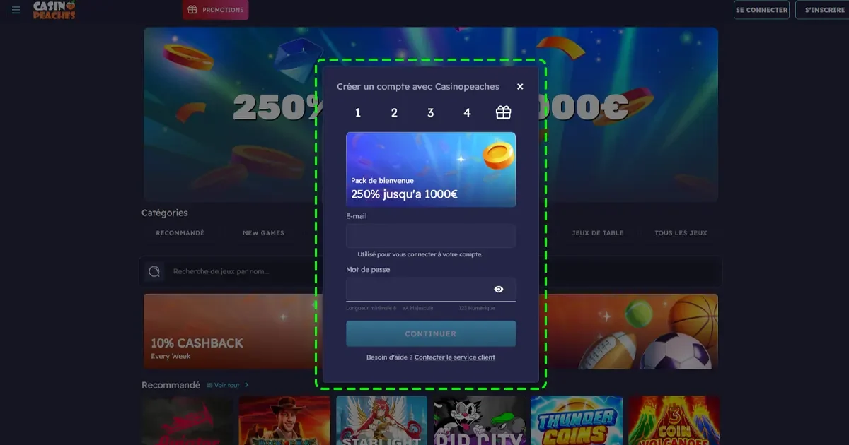 Fen&ecirc;tre d'inscription sur Casino Peaches avec bonus de bienvenue de 250 % jusqu'&agrave; 1000 &euro;
